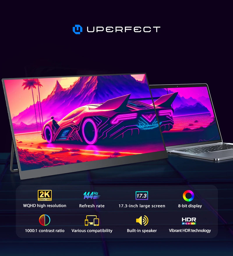 UPERFECT Portable Monitor 17.3 inch 144HZ Refresh Rate 2K Display 105.70% SRGB With Stand Ultra-Slim IPS Screen HDMI And USB-C