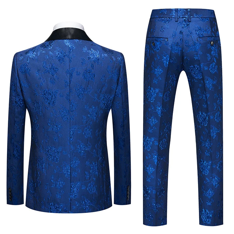 Men's Blue Jacquard Fabric Suit 3-Piece, Fashion Slim-Fit Blazer Jacket Trousers Vest, Spring  Autumn New Men Sets, Asian Size