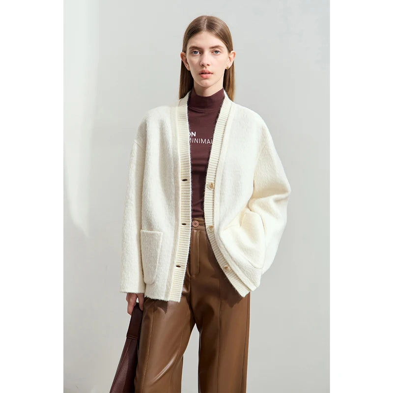 AMII Winter Clothes Women 2026 Sweater Cardigan Women Coat Winter Jacket Woman Long Sleeve Top Spliced V-neck Loose 12423086
