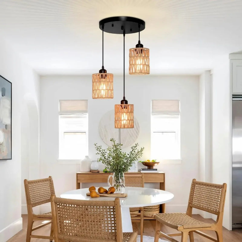 JOYINLED Rope Hemp Pendant Lights 3-Lights Rattan Light Ceiling Hanging Farmhouse Chandelier Lighting Hand Woven Wicker Shades