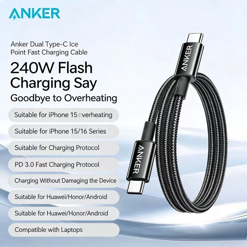 ខ្សែសាក ANKER Zolo 240W គ្មានធូលី USB-C ធន់នឹងធូលី ស័ក្តិសមសម្រាប់ Apple iPhone Series MacBook Huawei Android