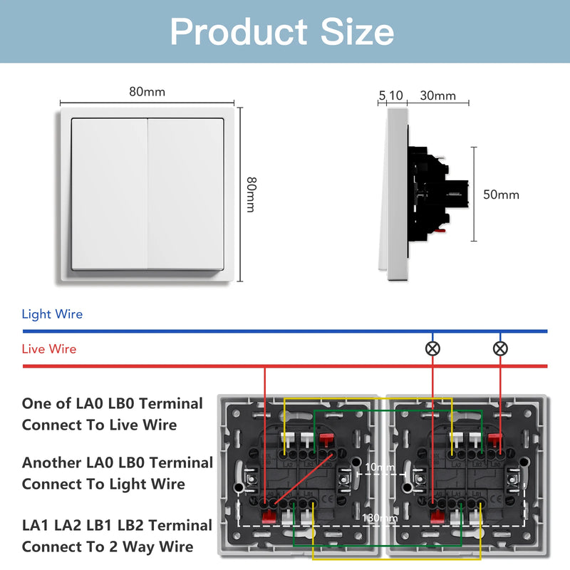 BSEED E Series 1/2/4/8 Packs 2Gang 2Way Button Light Switch Wall Light Switch On Off For Stairs Plastic Frame Bulk Set