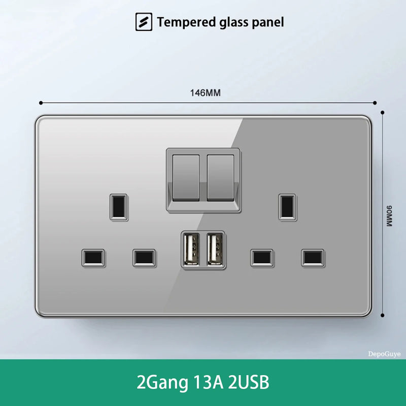 Deluxe Grey Tempered Glass Panel UK 13A Plug Electrical Socket, Double 5 Pin Socket and Switch, EU Universal USB C Wall Socket