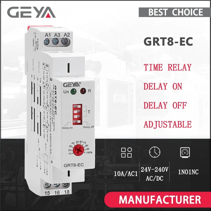 រេឡេកំណត់ពេលវេលា GEYA GRT8-EC 10A មុខងារពីរ រេឡេពន្យាពេលបើក ឬបិទ រេឡេពន្យាពេល AC220V AC380V ACDC24V-240V រេឡេកំណត់ពេលវេលា CE CB ROHS
