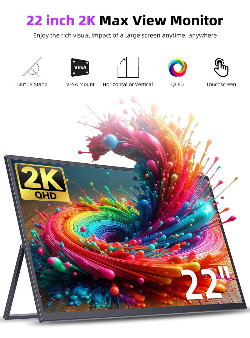 UPERFECT 22" 2K Portable Touchscreen Monitor w/VESA & 180°Adjustable Stand 2560 * 1440 QHD FreeSync IPS HDR Large Gaming Display