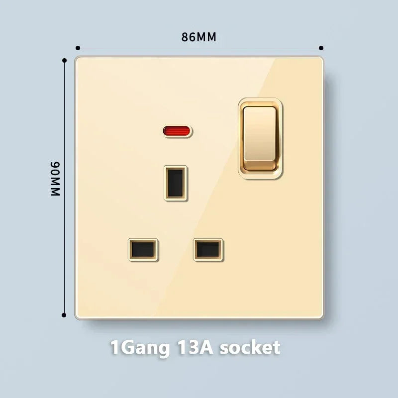 Deluxe Gold Tempered Glass Universal Dual power outlet,UK 13A Wall plug socket with 20W Fast charge,Home Electrical Light Switch