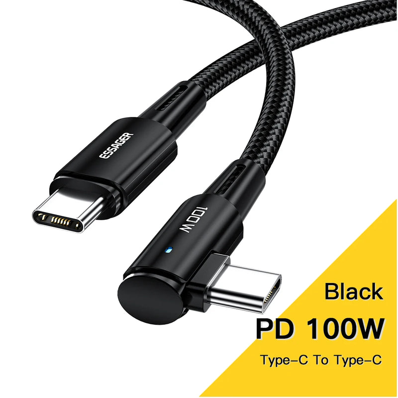ខ្សែសាក Essager 100W USB Type C ទៅ USB C មុំ 90 ដឺក្រេ សម្រាប់ iPad MacBook Pro Xiaomi Samsung Huawei សាកលឿន Type-C ខ្សែកាលបរិច្ឆេទ