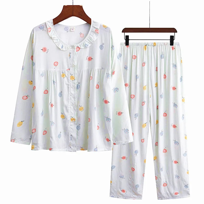 Women Spring Autumn Long Sleeve Pajamas Suit Middle Aged Mother's Home Clothes Female Outside Wear Sleepwear Two Piece Set