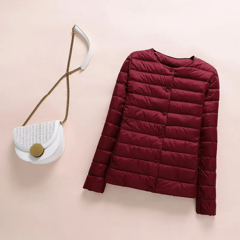 Winter Red Light/Thin Women's Round Neck Long Sleeve Jacket, White Blue Gray Khaki Available, Asian Size S-3XL Female Coat