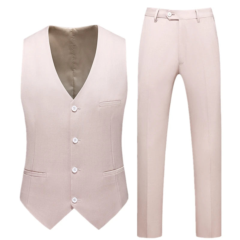 2026 Men's Bright Red V-Neck Sleeveless Vest with Pants, Green Gray Black White Purple Waistcoat and Trousers Asian Size Sets