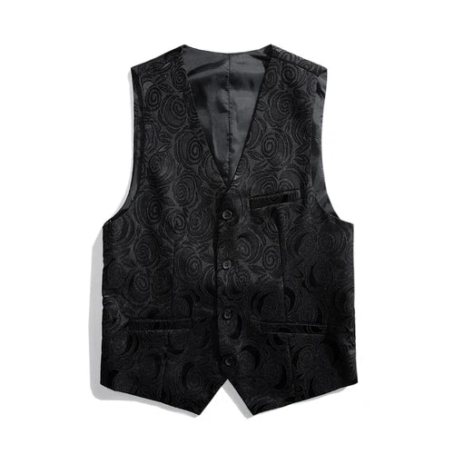 Men's Roses Embroidered V-neck Sleeveless Vest Jacket,White,Black Single-breasted Button Suit Vests, Asian Size Male Waistcoat