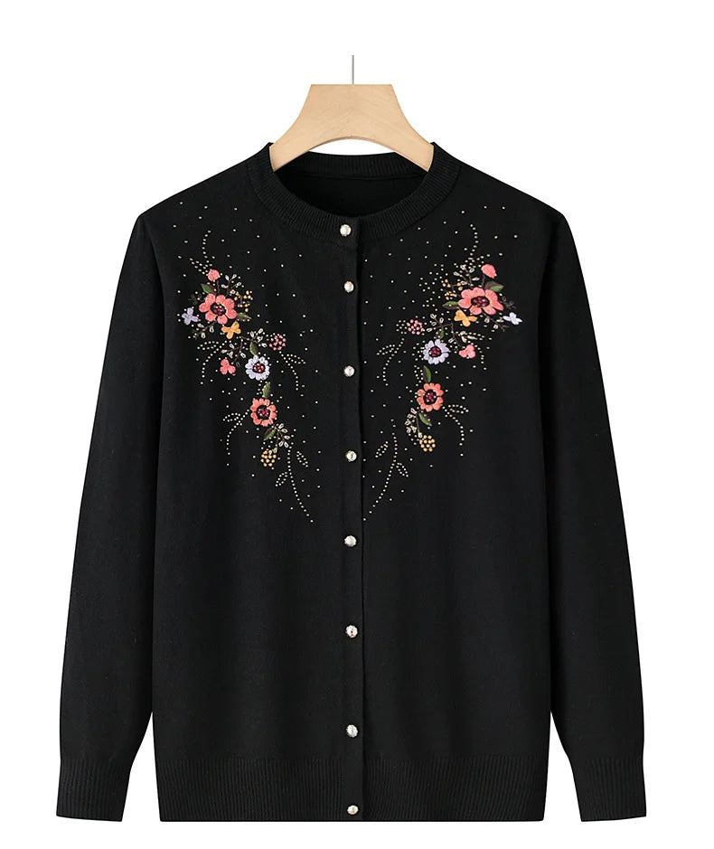 Middle-aged And Elderly Women's Embroidery Knit Cardigan Jacket Single-breasted Slim Sweater Coat Spring Autumn Grandma Clothing