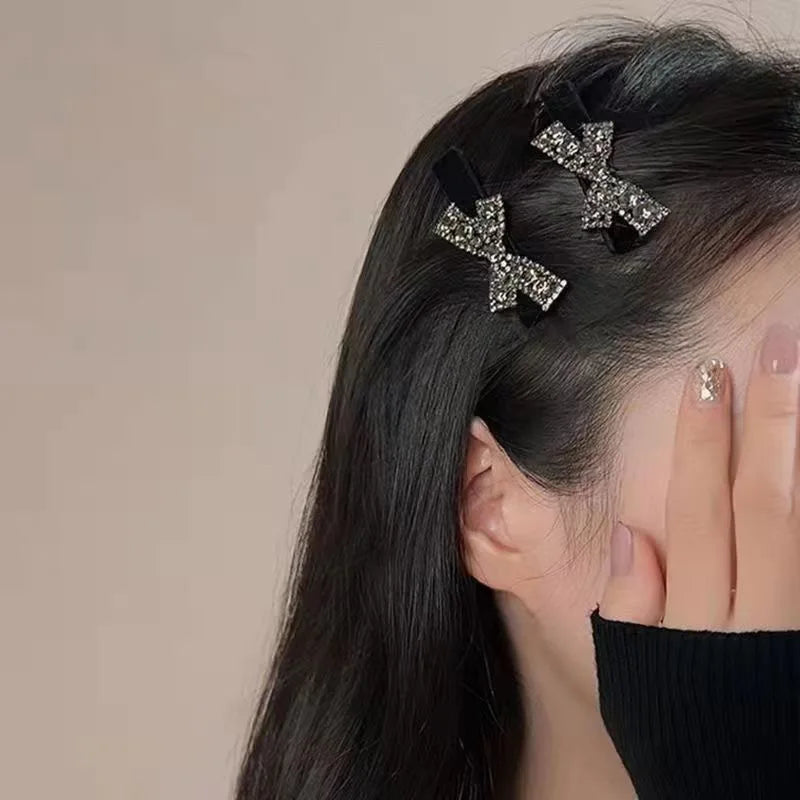 Water Crystal Black Bow Hair Clip Headband Side Fringe Bangs Clip Straight Hair Accessory Female Top Hairpin