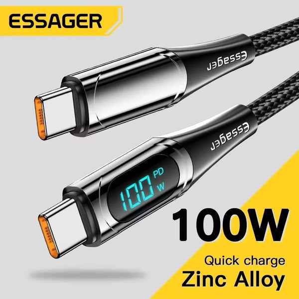 ខ្សែសាក Essager USB Type C ទៅ USB C 100W/5A PD សាកលឿនសម្រាប់ Macbook Xiaomi Samsung Type-C USBC Cable 2M