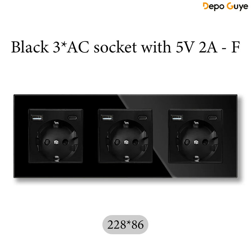 European Standard 4 Gang Wall Power Socket 16A Glass Panel with Three USB Type-C Ports White Black Industrial Home Hotel
