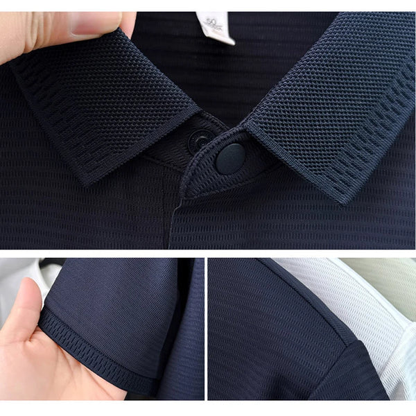 Men Summer Short Sleeve Striped Polo Shirt Slim Fit Elastic Solid Color Business Casual T-Shirt
