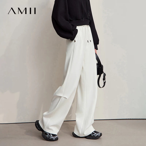 AMII Women's Pants 2026 Autumn New Minimalist Knitting Cotton Ladies Pants Wide-leg Casual Solid Sweatpants for Ladies 12524071