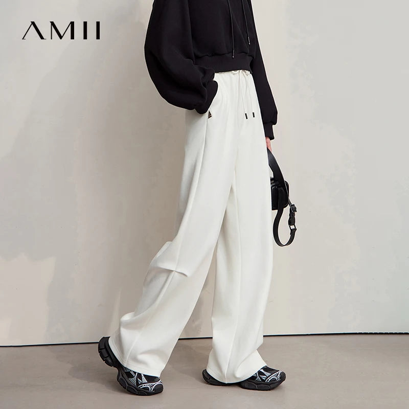 AMII Women's Pants 2026 Autumn New Minimalist Knitting Cotton Ladies Pants Wide-leg Casual Solid Sweatpants for Ladies 12524071