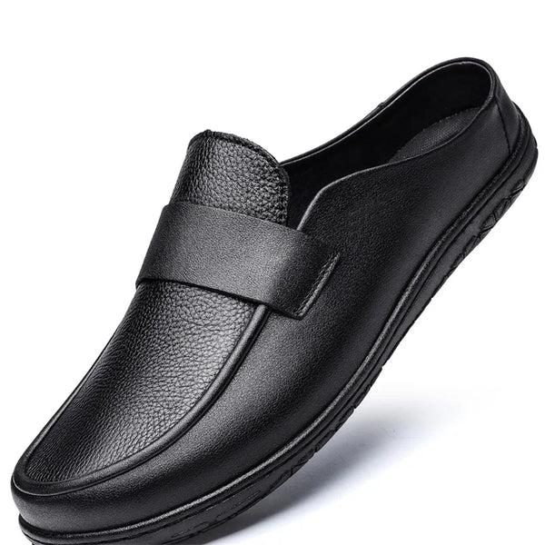 Men Wide Toe Pebble Grain Leather Backless Loafers Closed Toe Slip on Roomy Toe Box Mules Wide Fit Half Shoes Soft Comfort
