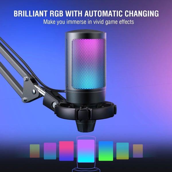 ឈុតមីក្រូហ្វូនលេងហ្គេម USB FIFINE សម្រាប់កុំព្យូទ័រ PC, PS4/5 ឈុតមីក្រូហ្វូន Condenser Cardioid ជាមួយប៊ូតុងបិទសំឡេង/RGB/ជើងទ្រដៃ សម្រាប់ស្ទ្រីមវីដេអូ-A6T
