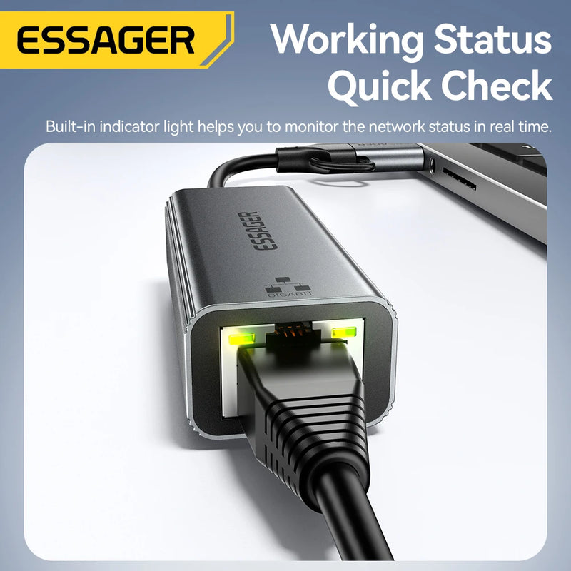 អាដាប់ទ័រអ៊ីសឺរណិត Essager 2-in-1 USB-A/Type-C ទៅ RJ45 កាតបណ្តាញ 1000Mbps Ethernet Gigabit អាដាប់ទ័រកាត Lan សម្រាប់កុំព្យូទ័រយួរដៃ MacBook