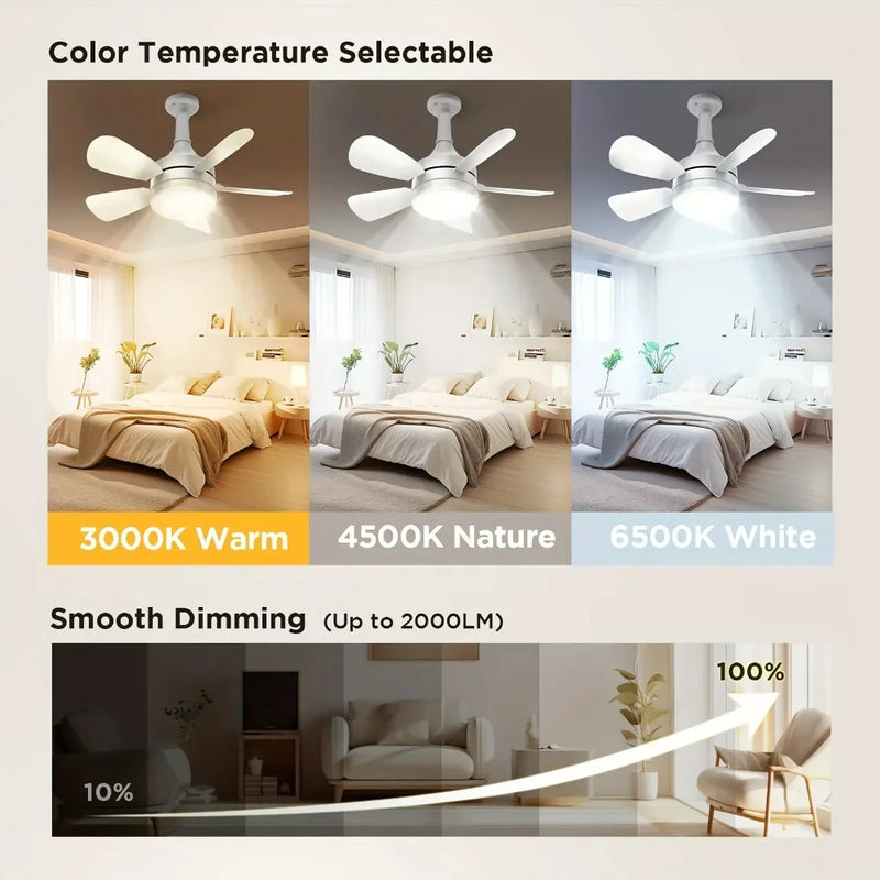 កង្ហារពិដាន LED ជាមួយភ្លើង E27 វីសក្នុង ភ្លើងកង្ហារពិដានជាមួយឧបករណ៍បញ្ជាពីចម្ងាយ អាចបន្ថយពន្លឺបាន 5 ដាវសម្រាប់តុបតែងបន្ទប់ទទួលភ្ញៀវ