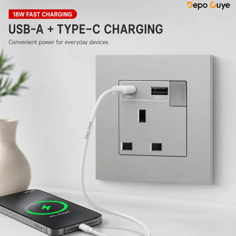 Universal 18W Type-C Quick charge Double Power Outlet,220V Electrical Wall Light 2way Switch UK 13A Wall Double USB Plug Socket