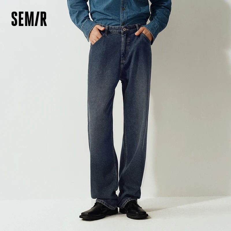 Semir Men Jeans Wide Straight Leg Loose Fit Distressed Wash 2026 Vintage Streetwear Commuter Casual Denim Pants
