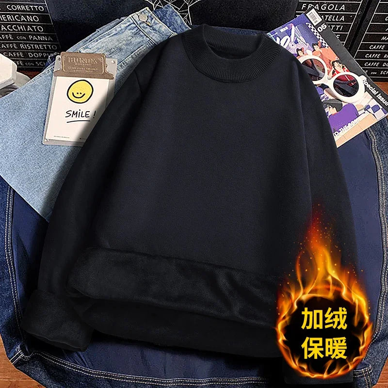 Male Everyday Wear Knitted Pullover Mock Collar Thick Fleece Lining Long Sleeve Warm Sweater For Chilly Weather