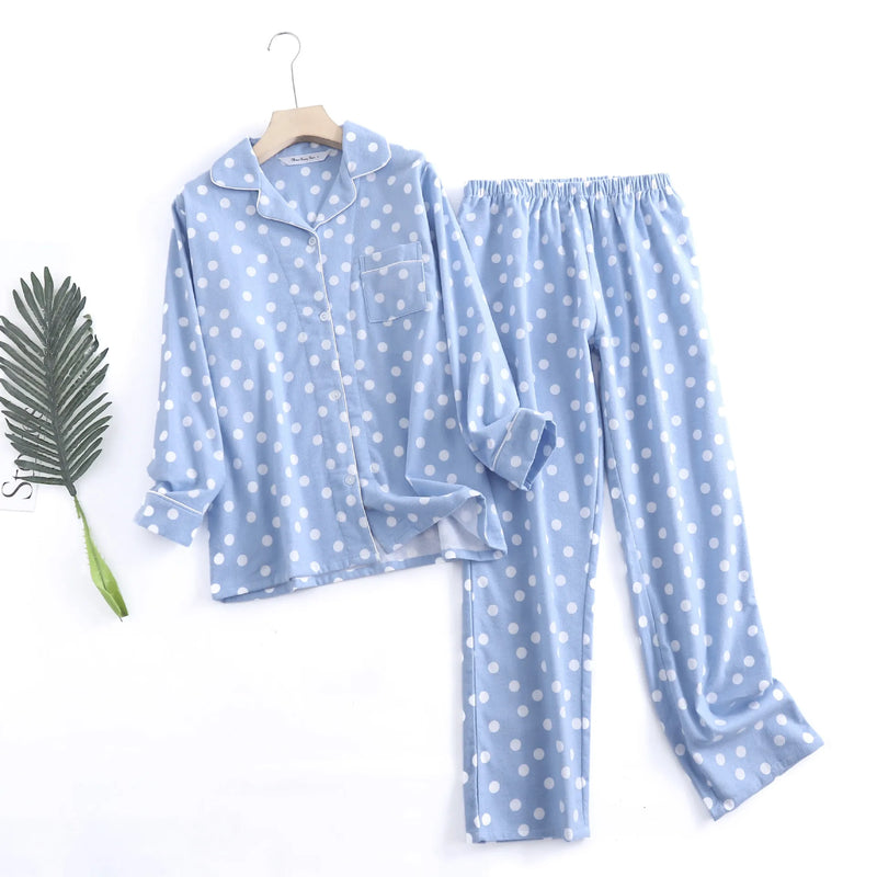 Casual Polka Dot Women's Pajamas Set Lapel Long Sleeve Shirt Pant Suit Spring Autumn Sleepwear Pyjamas Femme Home Wear Clothes