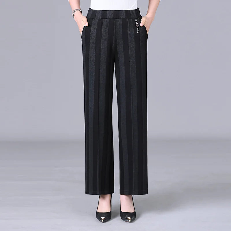 Women's High-waisted Wide-leg Pants for Spring and Fall—stylish, Casual Striped Trousers.