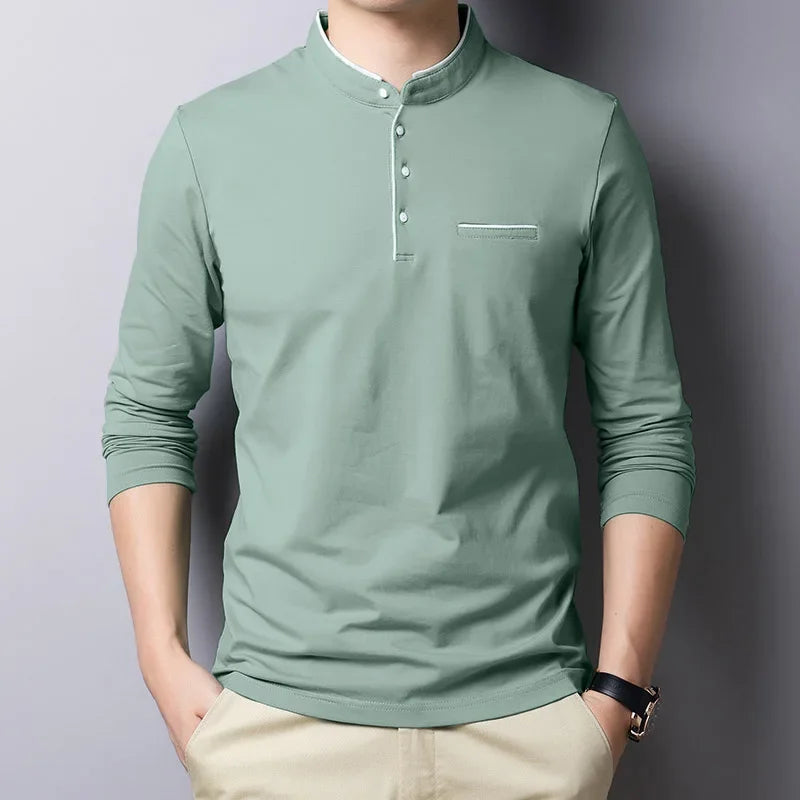Men's Korean Style Business Casual Long Sleeve T-Shirt Three Button Stand-up Collar Comfortable Versatile Top for Men
