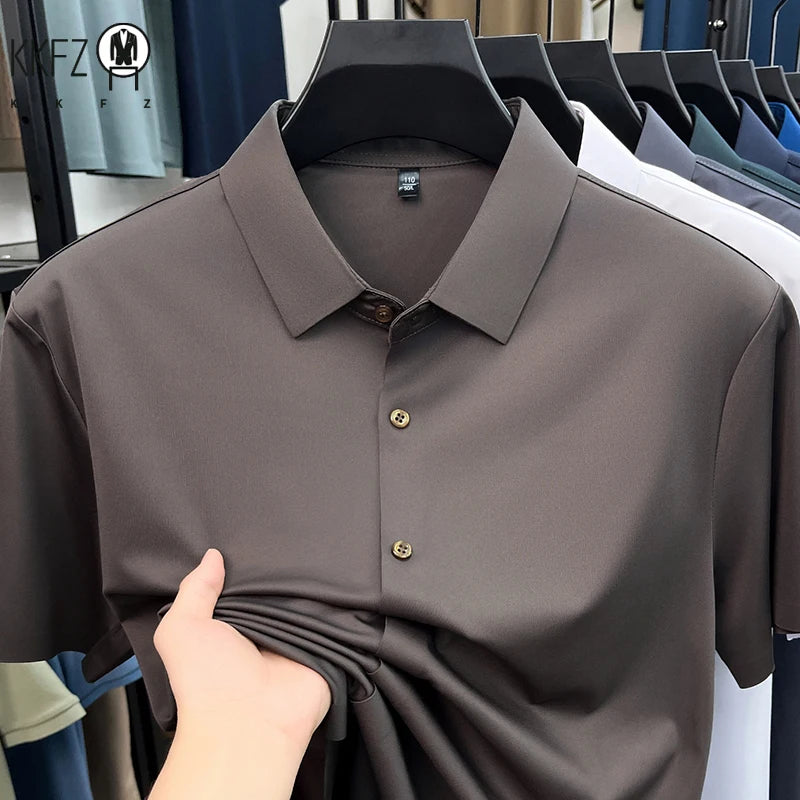 Mens Casual Short Sleeve Button Down Shirt Ice Silk Lightweight Breathable Wrinkle Resistant Summer Top