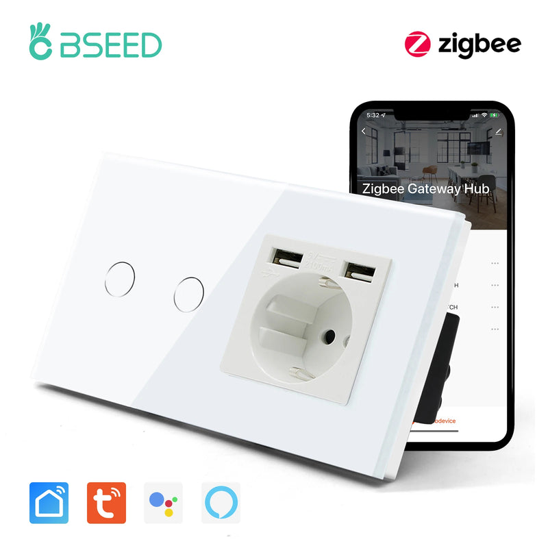 BSEED Tuya Zigbee Smart Switch 1/2/3Gang 1/2/3Way No Neutral Wall Touch Switch Smart Home Control EU Power Socket Without Wifi