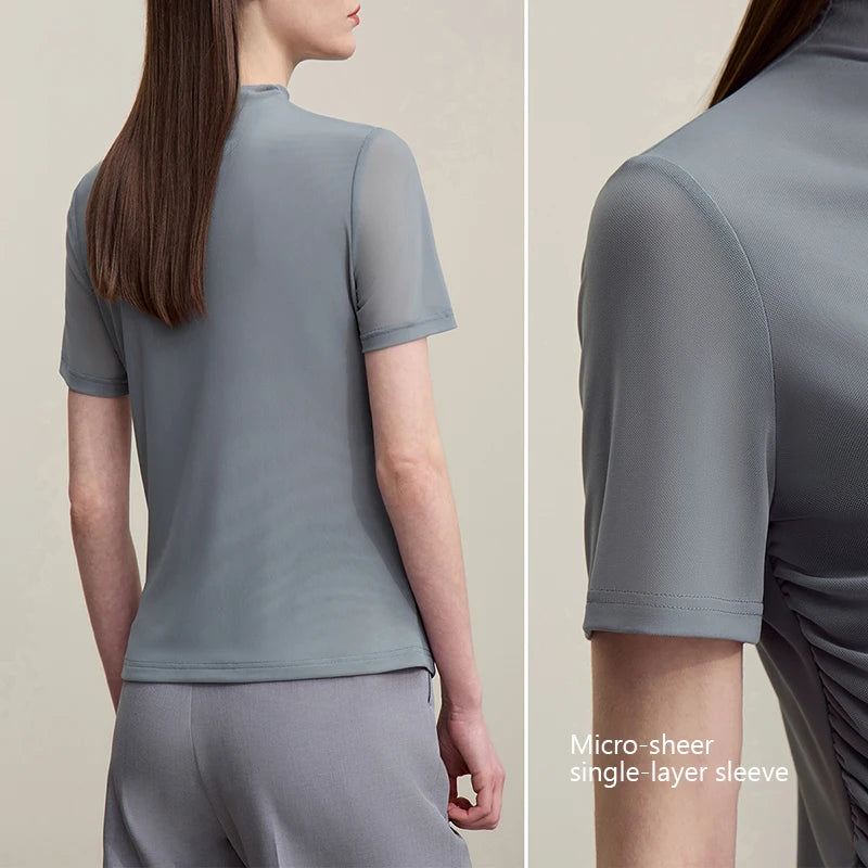 Amii Women's T-Shirt 2026 Summer New Shirred Short Sleeve Women's Tee Shirt Mock Neck Mesh Slim Stretch Lightweight Top 12612027