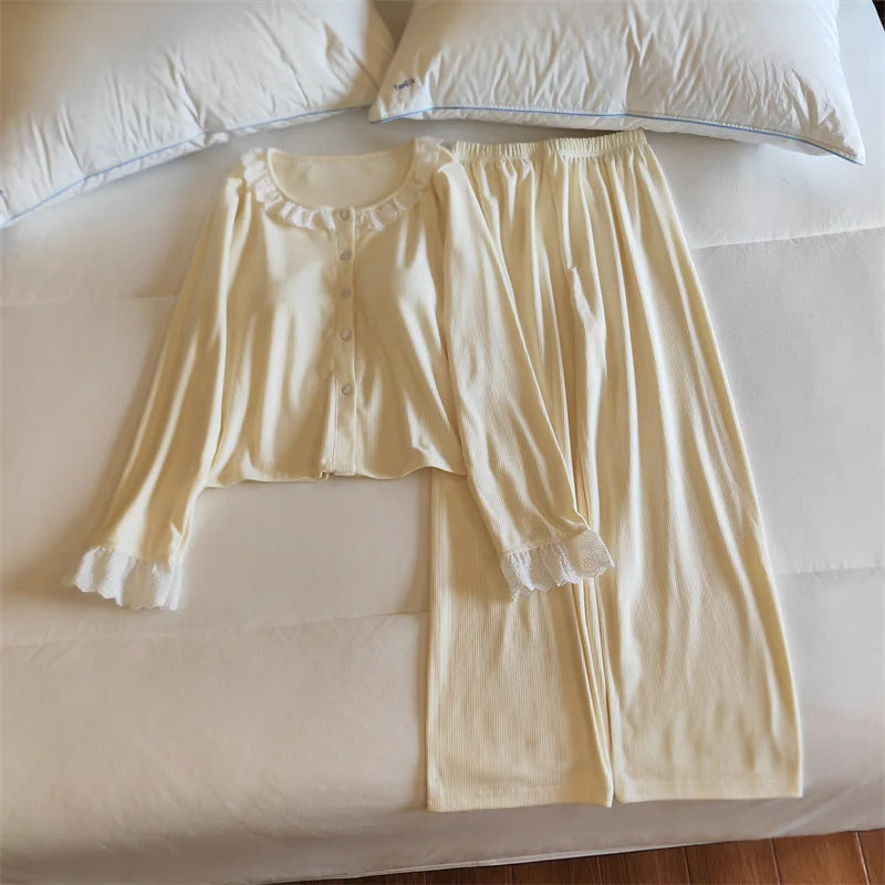 Chest Pads Sleepwear Women's Pajamas with Pants Home Wear Spring Autumn Long Sleeve Two-piece Loungewear Sets Woman Pyjamas