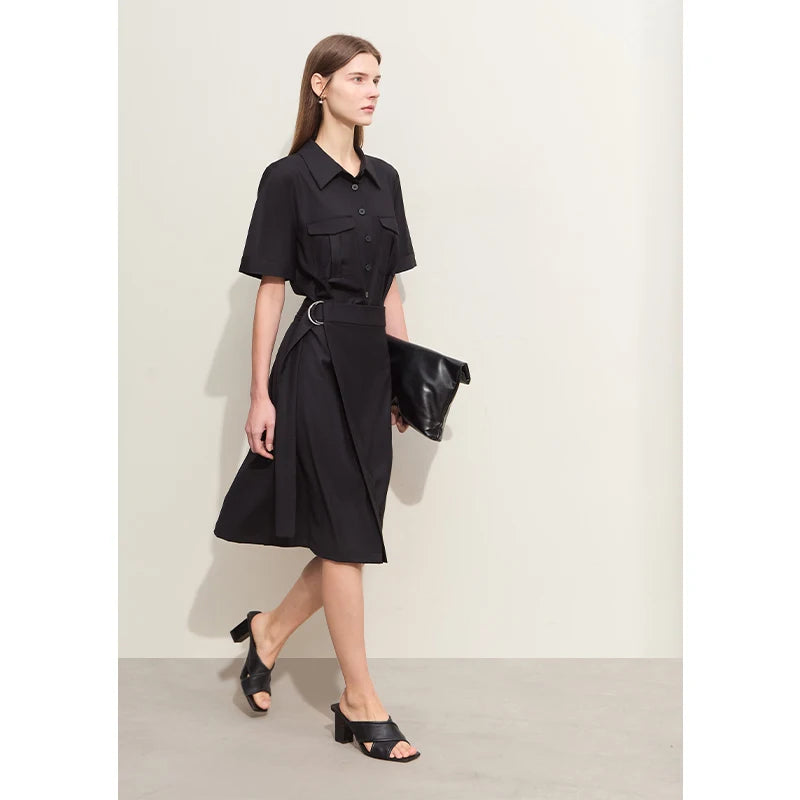 រ៉ូប Amii Minimalism Women រដូវស្លឹកឈើជ្រុះឆ្នាំ ២០២៤ រ៉ូបថ្មី Lapel False Two-piece រចនាប័ទ្ម Safari ដៃខ្លីសម្រាប់នារី ខ្សែរ៉ូប Retro 12441222