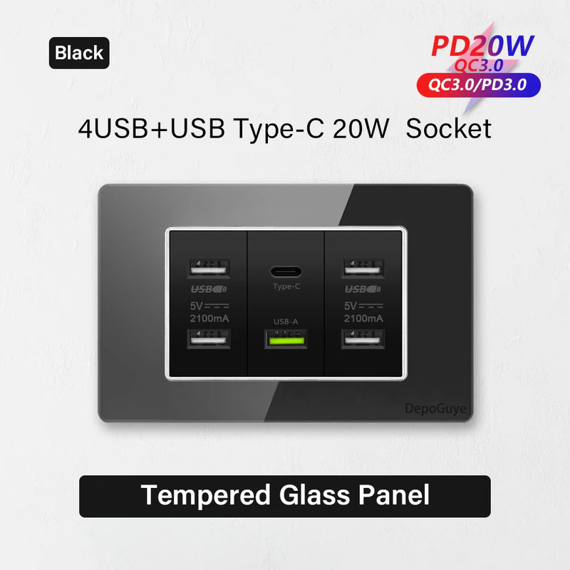Type 118 White Black Grey Tempered Glass Wall Socket Panel 6 Charging port Triple USB Type C Wall Plug 3.1A 5V Outlet 118*75mm