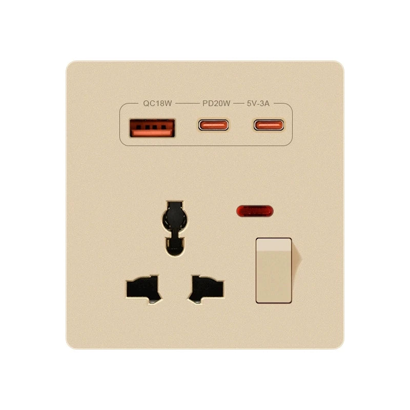 Universal 3/5Pin Smart Socket With 20W Fast Charging Type-C Port,UK Plastic Electrical Wall Double USB Power Outlet AC 110V-250V