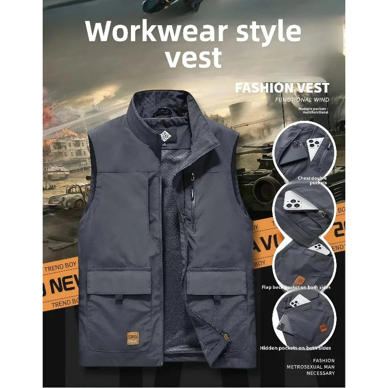 Casual loose plus-size waistcoat Sleeveless vest men's outdoor multi-pocket vest stand-up collar photography vest