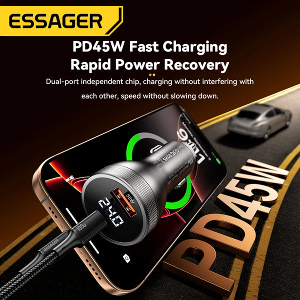 ឆ្នាំងសាករថយន្ត Essager 100W USB C PD3.0 សាកថ្មលឿន Quick Charge 4.0 Adapter សម្រាប់ iPhone 16 MacBook Xiaomi Laptop អេក្រង់ឌីជីថល