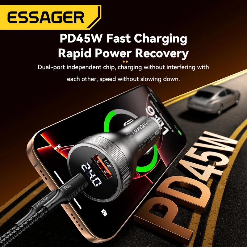 ឆ្នាំងសាករថយន្ត Essager 100W USB C PD3.0 សាកថ្មលឿន Quick Charge 4.0 Adapter សម្រាប់ iPhone 16 MacBook Xiaomi Laptop អេក្រង់ឌីជីថល