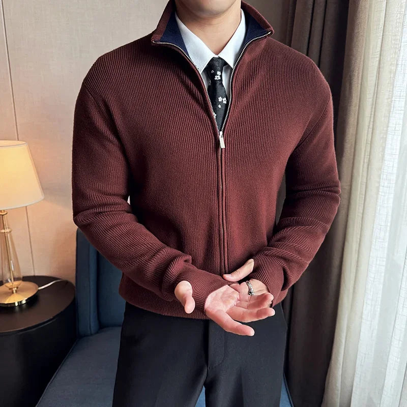 Autumn and Winter Stretch Solid Color Zipper Cardigan, Daily Casual Men's Business Casual Sweater.Stand-up Collar Coat