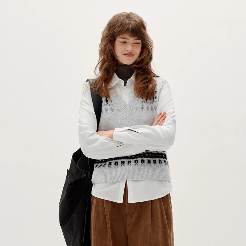 Semir Women Winter Shirt Geometric Jacquard Loose Fit Brushed Fabric Turn Down Collar Commuter Style Two Piece Layering