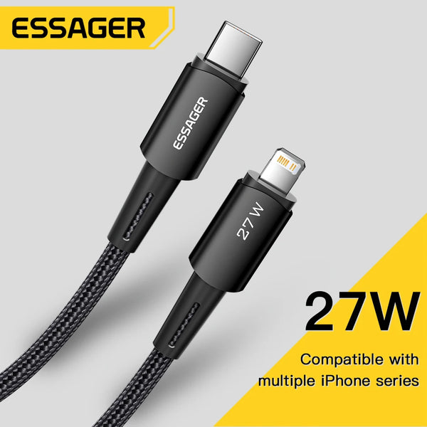 ខ្សែសាក Essager 27W USB C សម្រាប់ iPhone 14 13 12 11 Pro Max XS 20W ខ្សែសាកលឿន Type C ទៅខ្សែភ្លើងកាលបរិច្ឆេទសម្រាប់ iPad Macbook