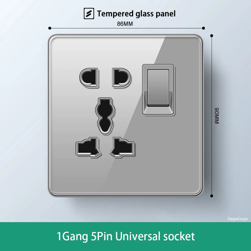 Deluxe Grey Tempered Glass Panel UK 13A Plug Electrical Socket, Double 5 Pin Socket and Switch, EU Universal USB C Wall Socket