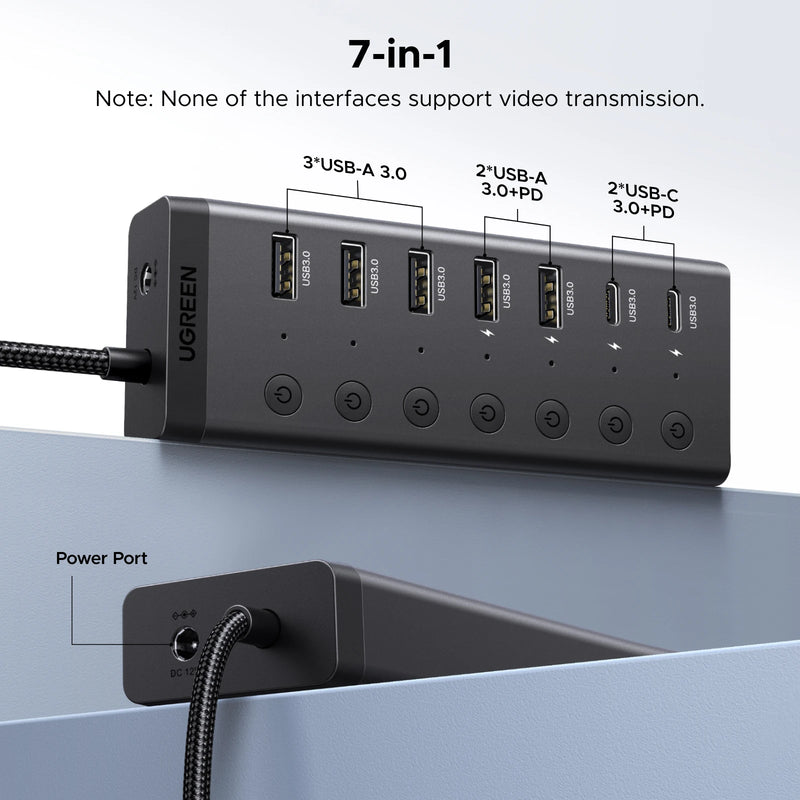 UGREEN USB-A/C HUB 7 Ports with DC Adapter US/EU/UK Plug USB3.0 5Gbps Data Transfer for Desktop PC Laptop USB Splitter Docking