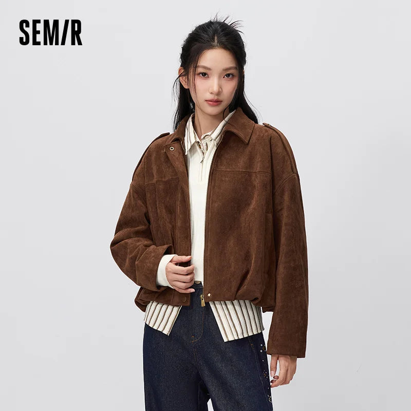 Semir Women Jacket Suede Like Short Lapel Oversize Cocoon Shape 2026 Autumn Warm Brown High Street Casual Outerwear