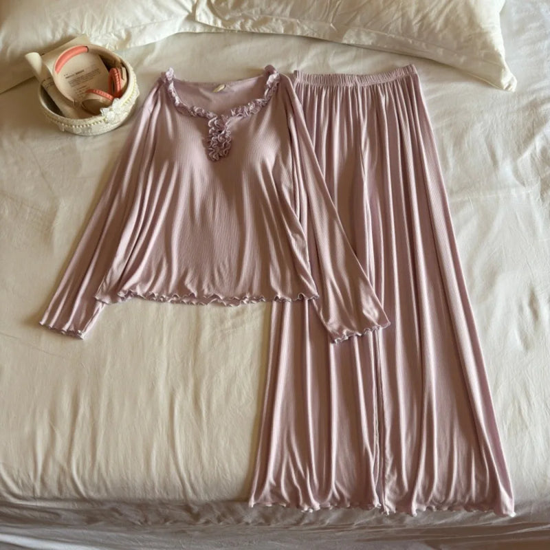 Modal Loungewear Sets Woman Pajama Two-piece Chest Pad Home Wear Autumn Ladies Pyjamas Long Sleeve Sleepwear Female Sleeping