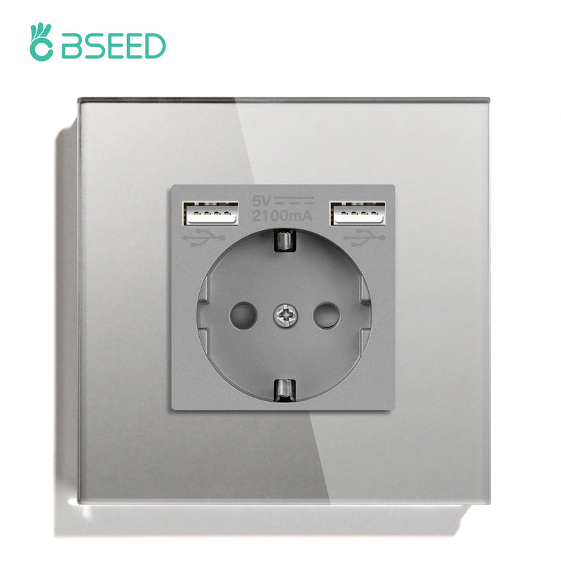 BSEED EU Double Wall Light Switches Touch Switch Wall Socket USB Type-C Charge Port Crystal Glass Panel Switch Blue Blacklight